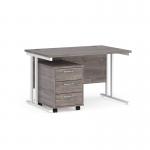 Maestro 25 straight desk 1200mm x 800mm with white cantilever frame and 3 drawer pedestal - grey oak SBWH312GO