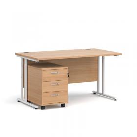 Maestro 25 straight desk 1400mm x 800mm with white cantilever frame and 3 drawer pedestal - beech SBWH314B