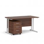 Maestro 25 straight desk 1400mm x 800mm with white cantilever frame and 3 drawer pedestal - walnut SBWH314W