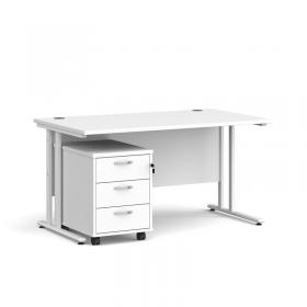 Maestro 25 straight desk 1400mm x 800mm with white cantilever frame and 3 drawer pedestal - white SBWH314WH