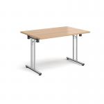 Rectangular folding leg table with chrome legs and straight foot rails 1200mm x 800mm - beech