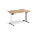 Rectangular folding leg table with chrome legs and straight foot rails 1200mm x 800mm - oak