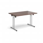 Rectangular folding leg table with chrome legs and straight foot rails 1200mm x 800mm - walnut