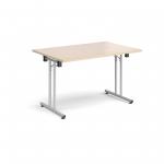Rectangular folding leg table with silver legs and straight foot rails 1200mm x 800mm - maple