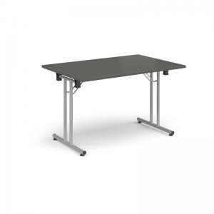 Rectangular folding leg table with silver legs and straight foot rails