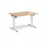 Rectangular folding leg table with white legs and straight foot rails 1200mm x 800mm - beech