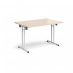 Rectangular folding leg table with white legs and straight foot rails 1200mm x 800mm - maple