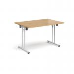 Rectangular folding leg table with white legs and straight foot rails 1200mm x 800mm - oak