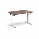 Rectangular folding leg table with white legs and straight foot rails 1200mm x 800mm - walnut