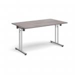 Rectangular folding leg table with chrome legs and straight foot rails 1400mm x 800mm - grey oak SFL1400-C-GO