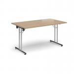 Rectangular folding leg table with chrome legs and straight foot rails 1400mm x 800mm - Kendal Oak SFL1400-C-KO