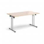 Rectangular folding leg table with chrome legs and straight foot rails 1400mm x 800mm - maple