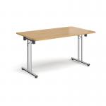 Rectangular folding leg table with chrome legs and straight foot rails 1400mm x 800mm - oak