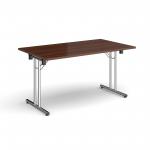 Rectangular folding leg table with chrome legs and straight foot rails 1400mm x 800mm - walnut