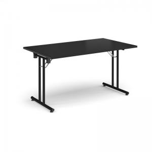 Rectangular folding leg table with black legs and straight foot rails