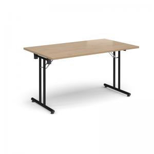 Rectangular folding leg table with black legs and straight foot rails