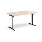 Rectangular folding leg table with black legs and straight foot rails 1400mm x 800mm - maple