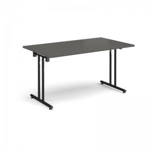 Rectangular folding leg table with black legs and straight foot rails