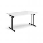 Rectangular folding leg table with black legs and straight foot rails 1400mm x 800mm - white