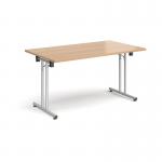 Rectangular folding leg table with silver legs and straight foot rails 1400mm x 800mm - beech