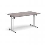 Rectangular folding leg table with silver legs and straight foot rails 1400mm x 800mm - grey oak SFL1400-S-GO