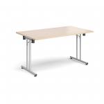 Rectangular folding leg table with silver legs and straight foot rails 1400mm x 800mm - maple