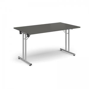Rectangular folding leg table with silver legs and straight foot rails