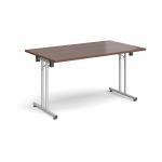 Rectangular folding leg table with silver legs and straight foot rails 1400mm x 800mm - walnut