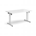 Rectangular folding leg table with silver legs and straight foot rails 1400mm x 800mm - white