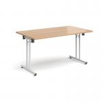 Rectangular folding leg table with white legs and straight foot rails 1400mm x 800mm - beech
