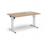 Rectangular folding leg table with white legs and straight foot rails 1400mm x 800mm - Kendal Oak SFL1400-WH-KO