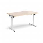 Rectangular folding leg table with white legs and straight foot rails 1400mm x 800mm - maple