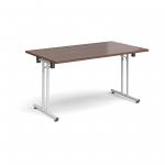 Rectangular folding leg table with white legs and straight foot rails 1400mm x 800mm - walnut