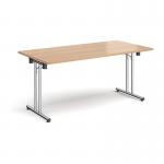 Rectangular folding leg table with chrome legs and straight foot rails 1600mm x 800mm - beech