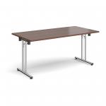 Rectangular folding leg table with chrome legs and straight foot rails 1600mm x 800mm - walnut