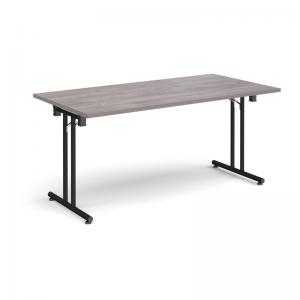 Rectangular folding leg table with black legs and straight foot rails