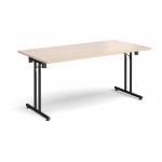 Rectangular folding leg table with black legs and straight foot rails 1600mm x 800mm - maple