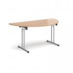 Semi circular folding leg table with chrome legs and straight foot rails 1600mm x 800mm - beech SFL1600S-C-B