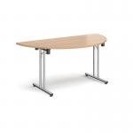 Semi circular folding leg table with chrome legs and straight foot rails 1600mm x 800mm - beech SFL1600S-C-B