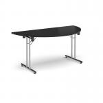 Semi circular folding leg table with chrome legs and straight foot rails 1600mm x 800mm - Black SFL1600S-C-BK