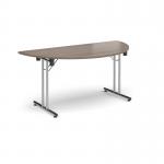 Semi circular folding leg table with chrome legs and straight foot rails 1600mm x 800mm - Barcelona Walnut SFL1600S-C-BW