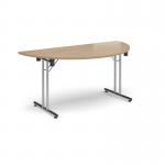 Semi circular folding leg table with chrome legs and straight foot rails 1600mm x 800mm - Kendal Oak SFL1600S-C-KO
