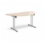 Semi circular folding leg table with chrome legs and straight foot rails 1600mm x 800mm - maple
