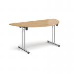 Semi circular folding leg table with chrome legs and straight foot rails 1600mm x 800mm - oak