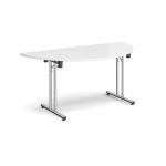 Semi circular folding leg table with chrome legs and straight foot rails 1600mm x 800mm - white SFL1600S-C-WH