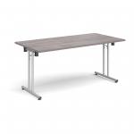 Rectangular folding leg table with silver legs and straight foot rails 1600mm x 800mm - grey oak SFL1600-S-GO