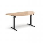 Semi circular folding leg table with black legs and straight foot rails 1600mm x 800mm - beech SFL1600S-K-B