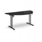 Semi circular folding leg table with black legs and straight foot rails 1600mm x 800mm - Black SFL1600S-K-BK