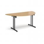 Semi circular folding leg table with black legs and straight foot rails 1600mm x 800mm - oak