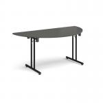 Semi circular folding leg table with black legs and straight foot rails 1600mm x 800mm - Onyx Grey SFL1600S-K-OG
